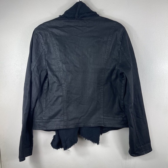 FREE PEOPLE Black Scarf Drape Moto Jacket Coated Faux Leather Twill Denim‎ Sz 10 - Picture 12 of 16
